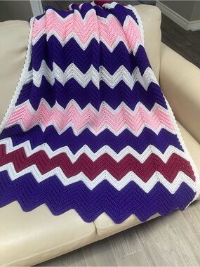 Chevron Knit Blanket in Purple, Maroon, Pink & White
